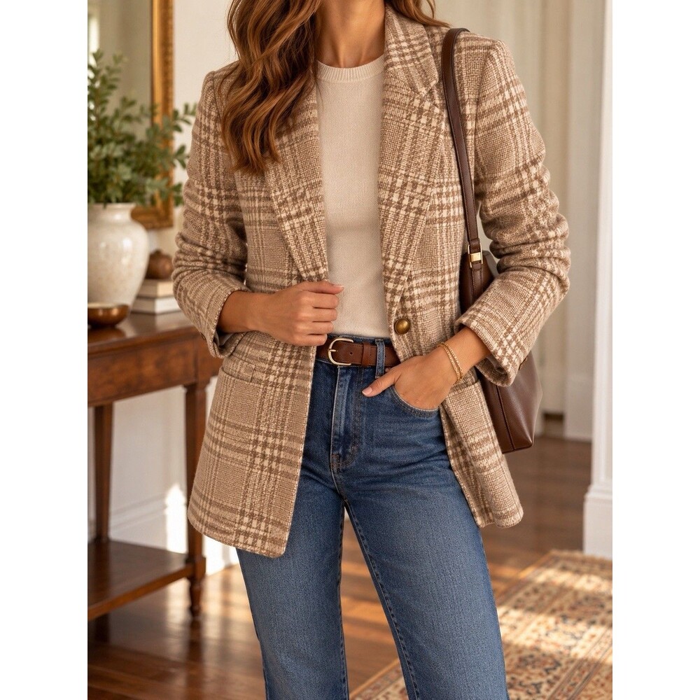 Pendleton Blazer Womens 8 Cream Beige Plaid Wool Vintage Gold Button Jacket